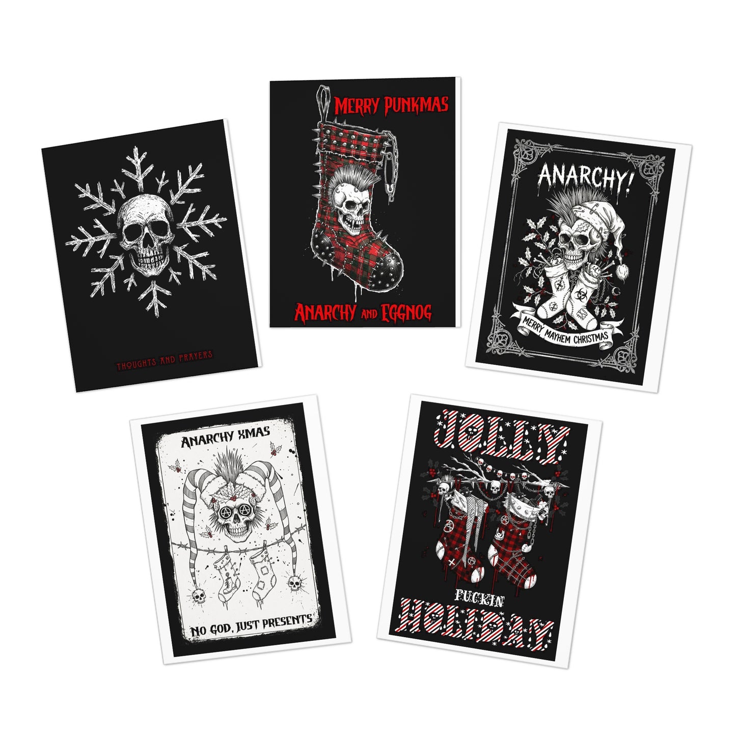 Punk Rock Holiday Cards: 5-Pack Anarchy Christmas Greeting Set