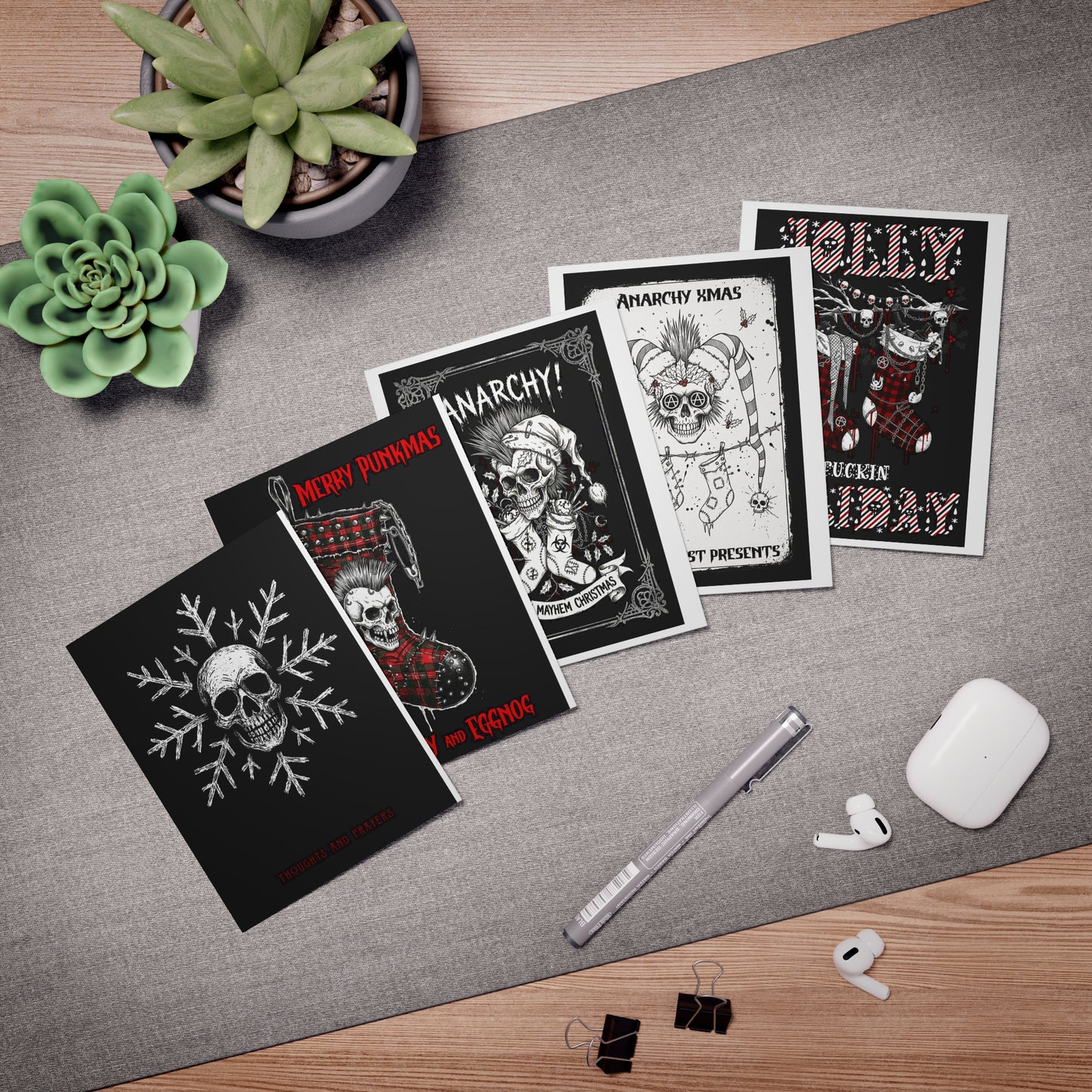 Punk Rock Holiday Cards: 5-Pack Anarchy Christmas Greeting Set