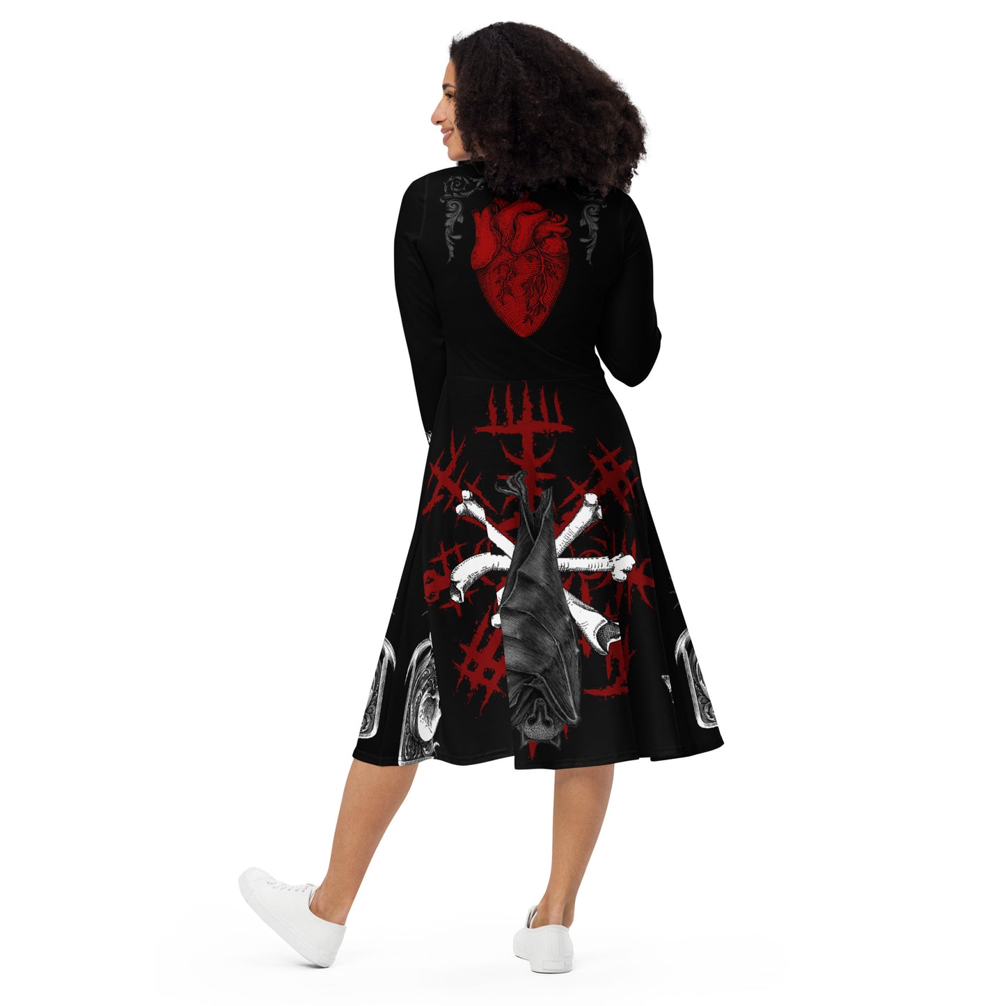 BATLIKE All-over print long sleeve midi dress