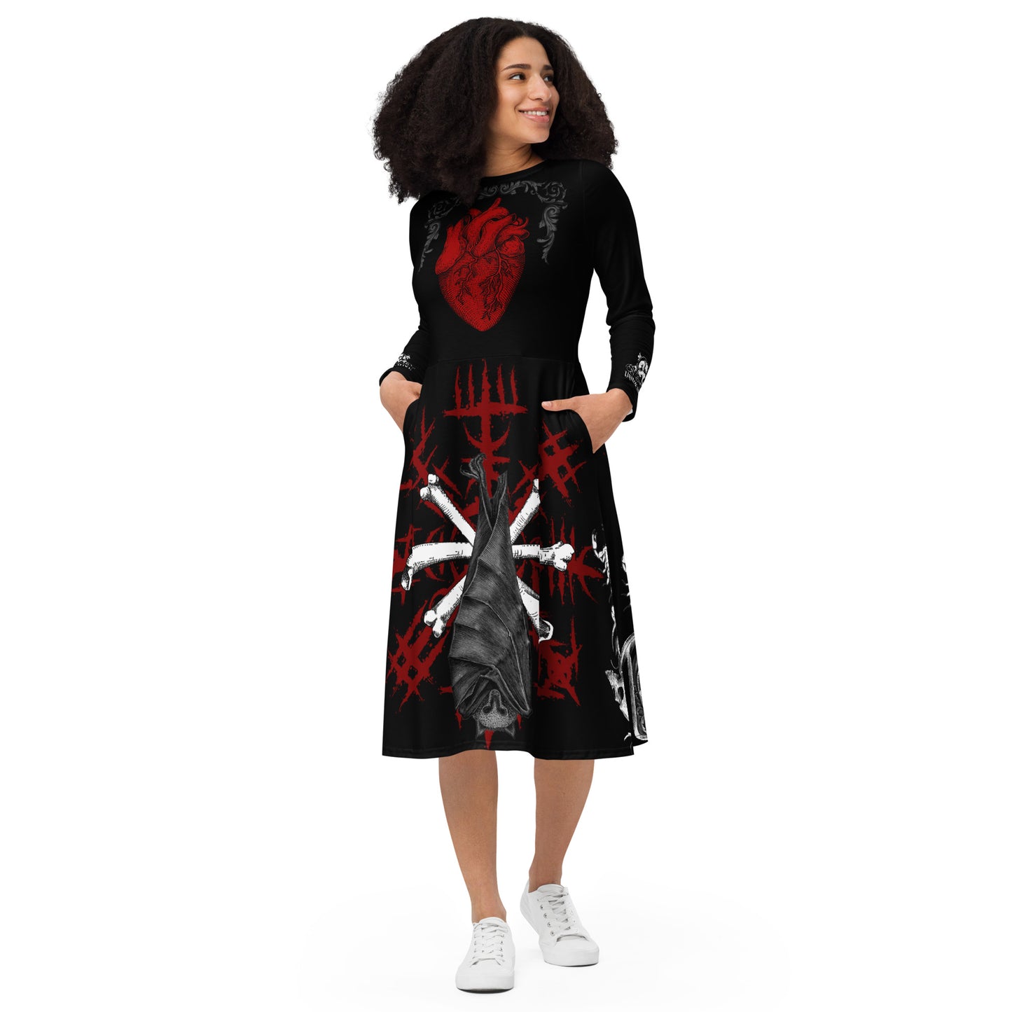 BATLIKE All-over print long sleeve midi dress