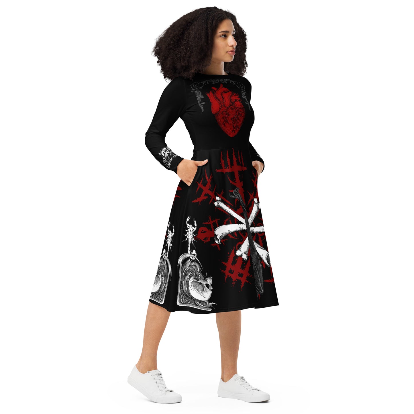 BATLIKE All-over print long sleeve midi dress