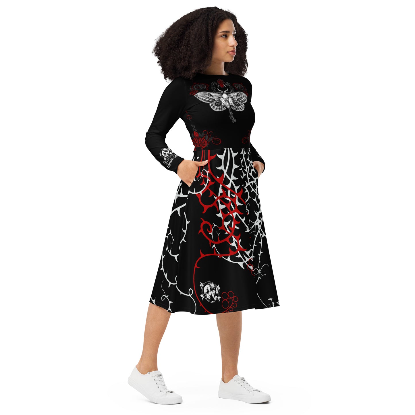 SCORPION MOTH All-over print long sleeve midi dress