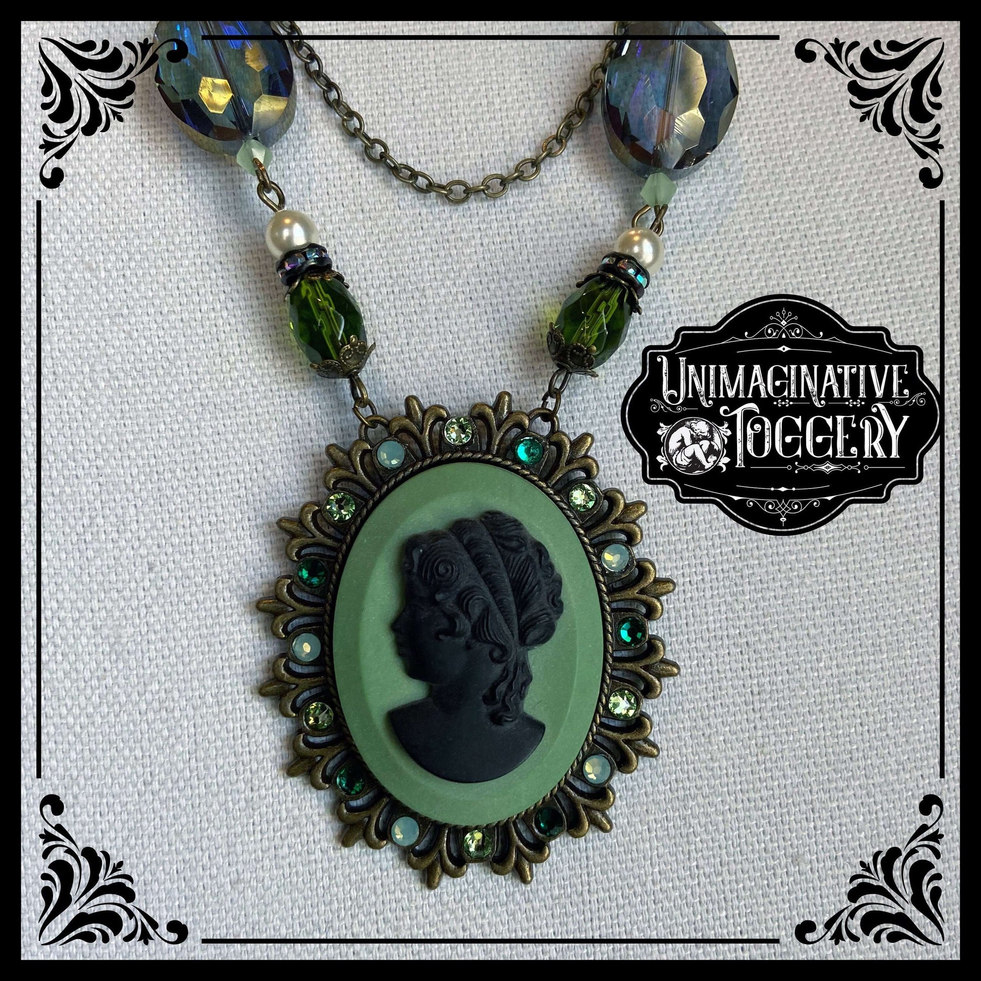 Bronze green black cameo beaded multi strand antique necklace - Unimaginative By Charli Siebert