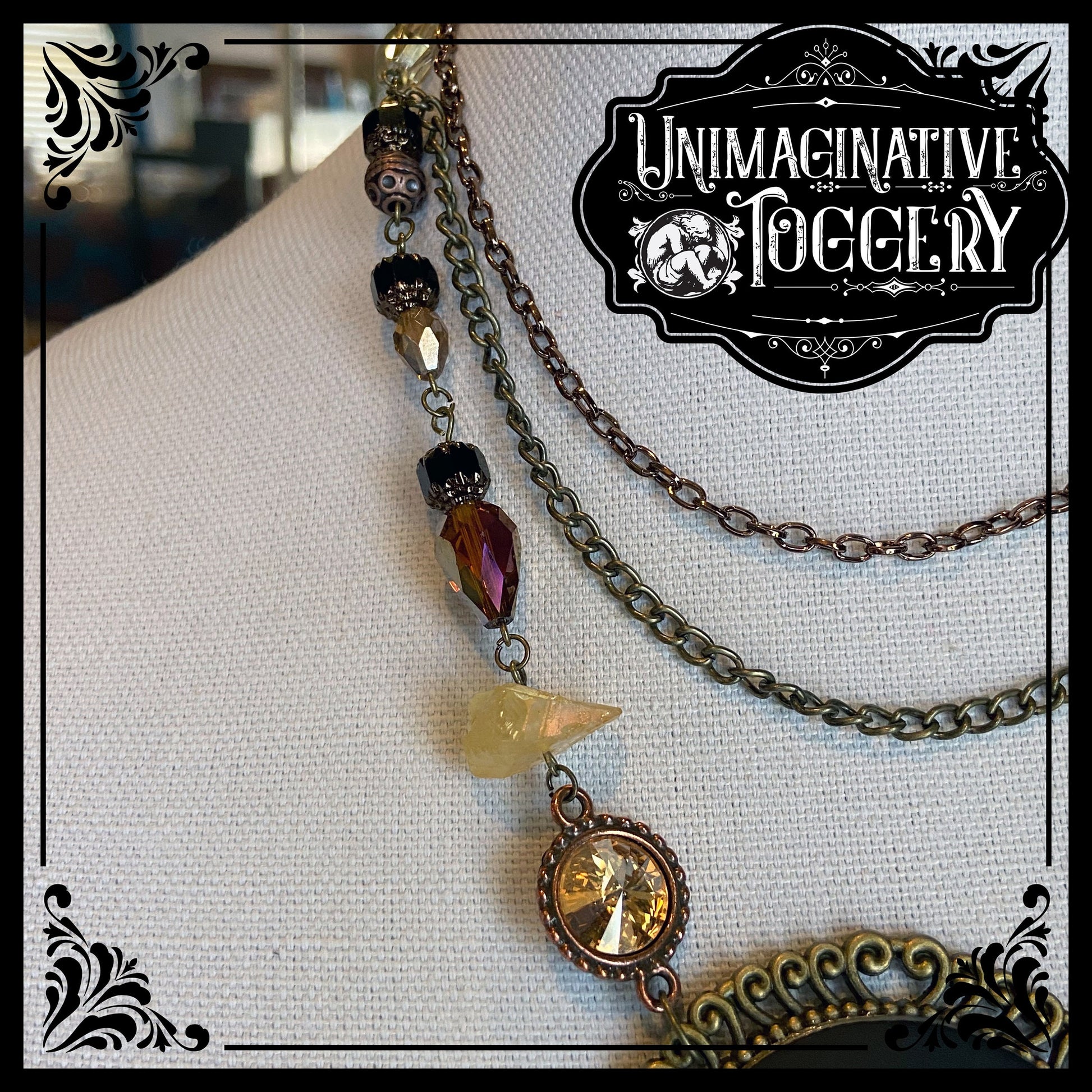 Bronze death head moth cameo pendant beaded chain multi strand necklace - Unimaginative By Charli Siebert
