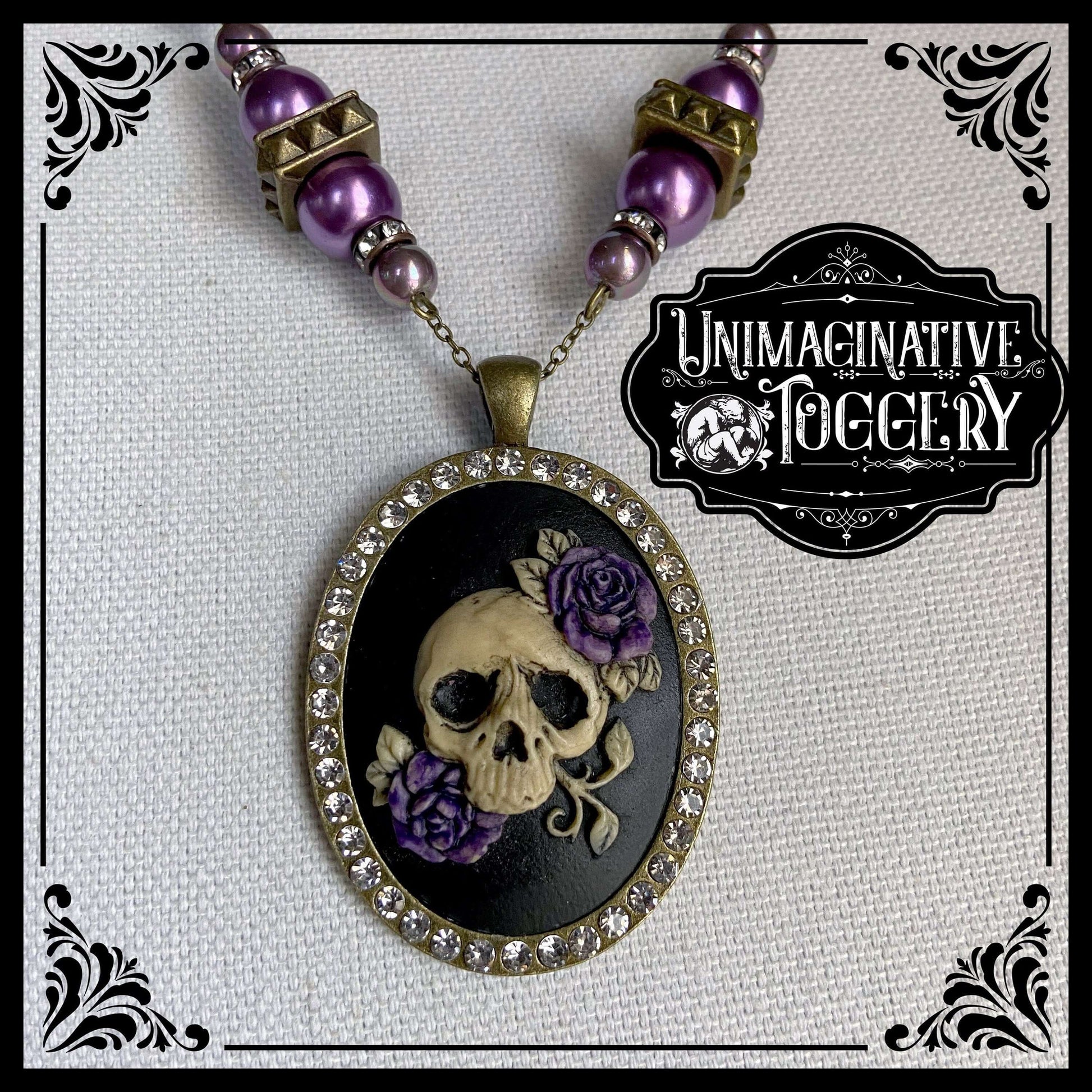 Purple antique bronze beaded necklace skull with purple roses pendant - Unimaginative By Charli Siebert