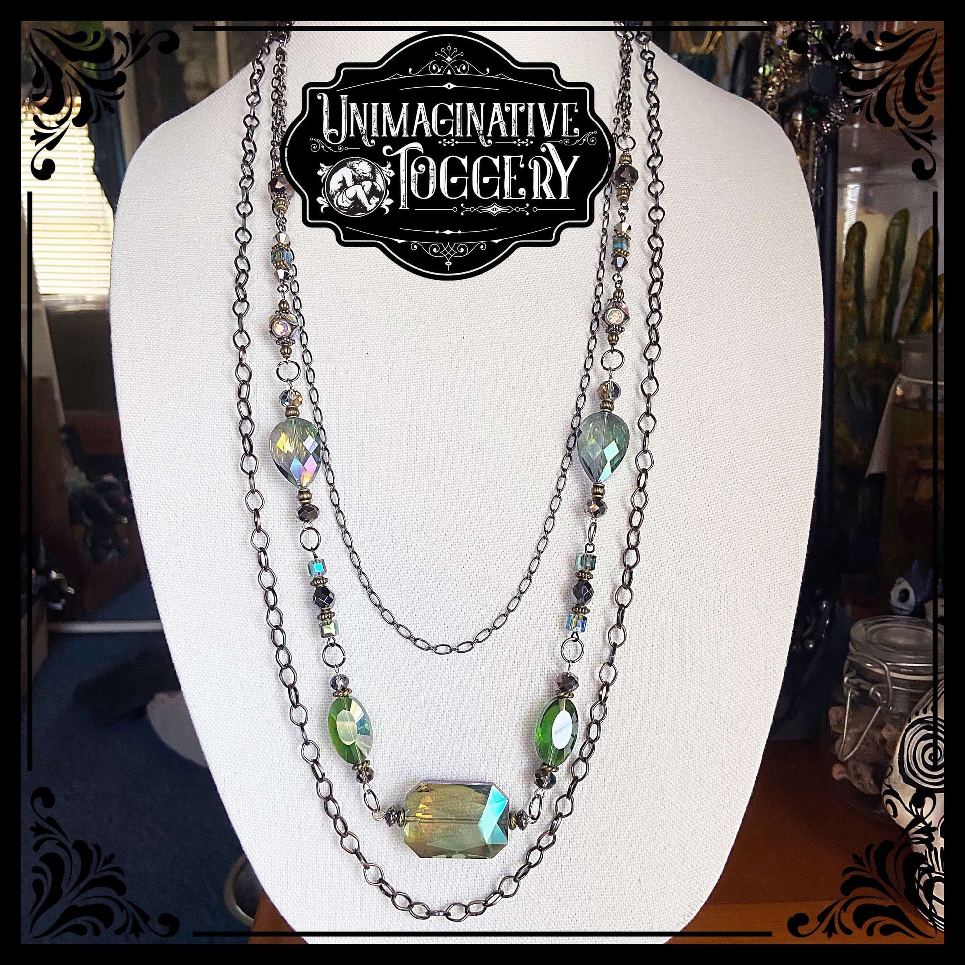 Iridescent blue green and gunmetal multi strand antique vintage beaded necklace - Unimaginative By Charli Siebert