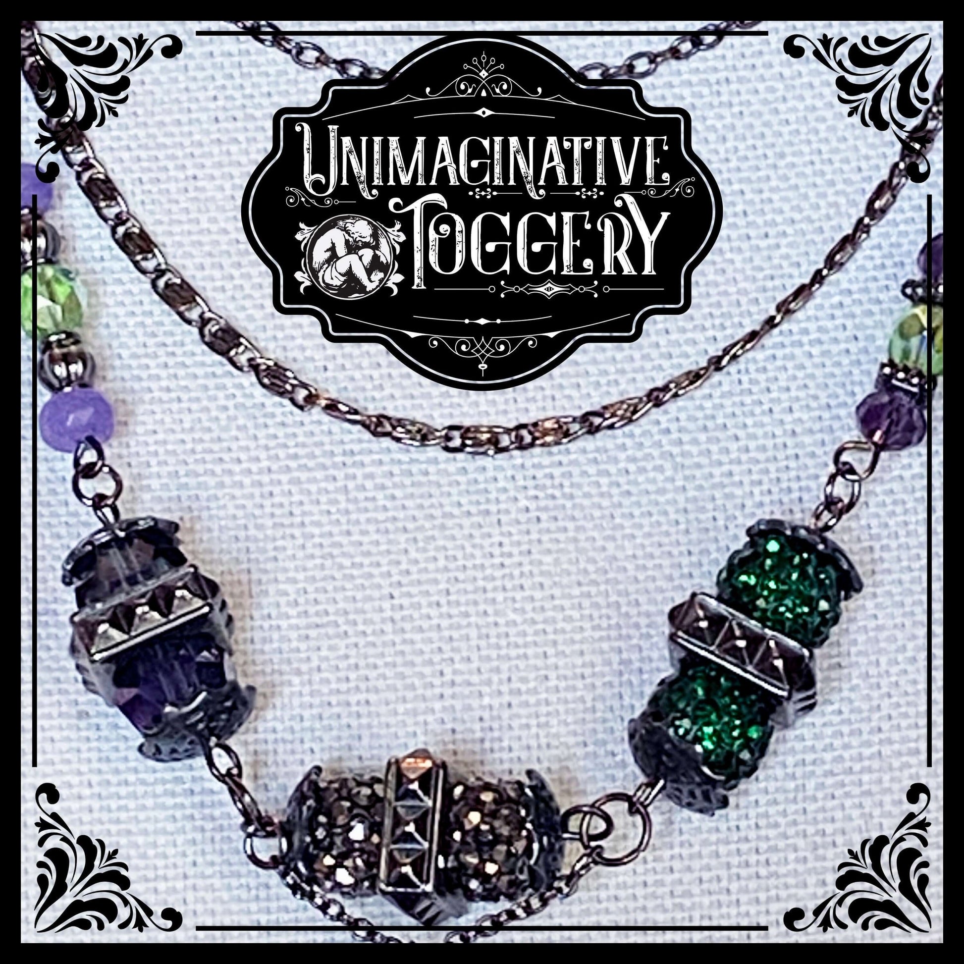 Gunmetal 3 layer necklace beaded purple green punk rock studs - Unimaginative By Charli Siebert