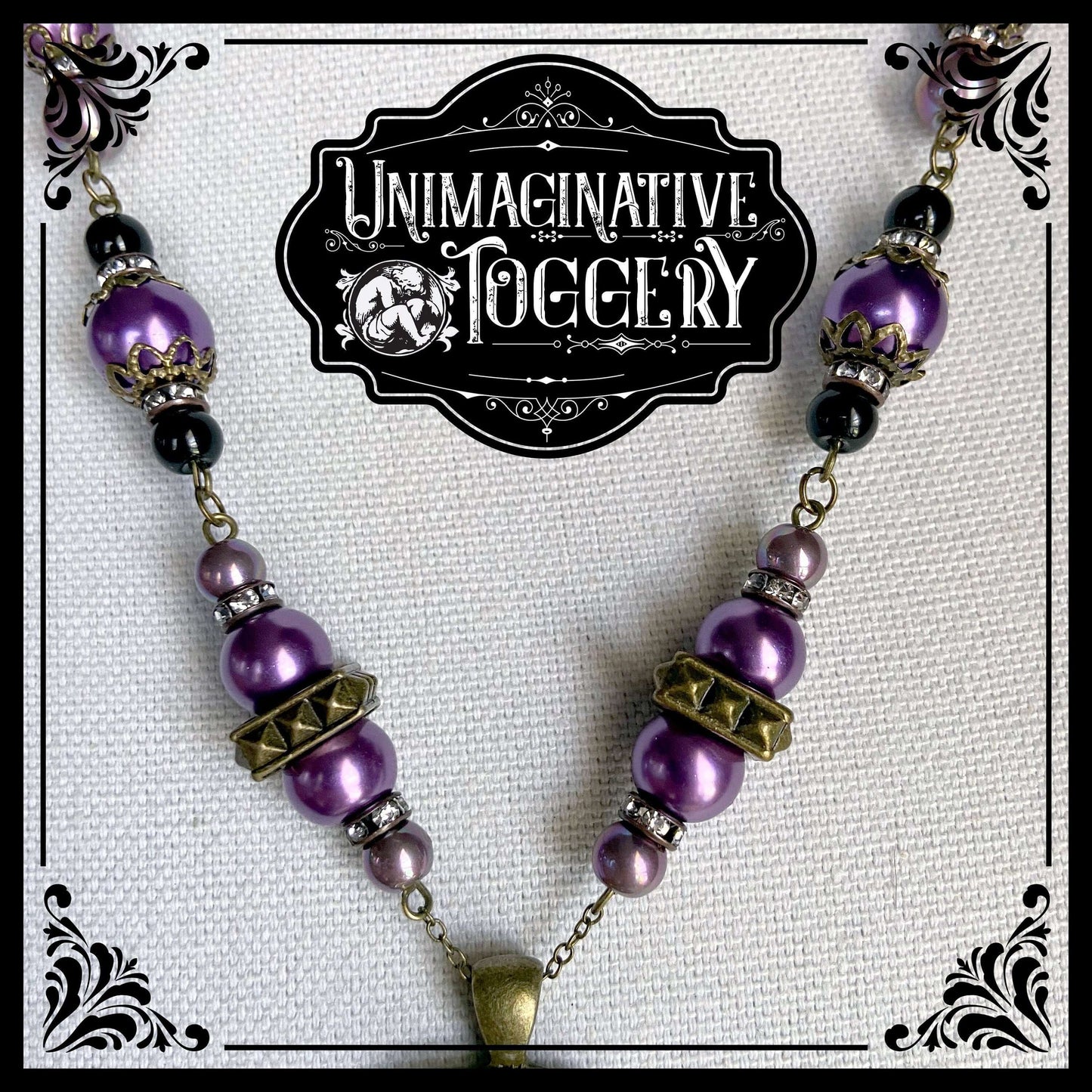 Purple antique bronze beaded necklace skull with purple roses pendant - Unimaginative By Charli Siebert