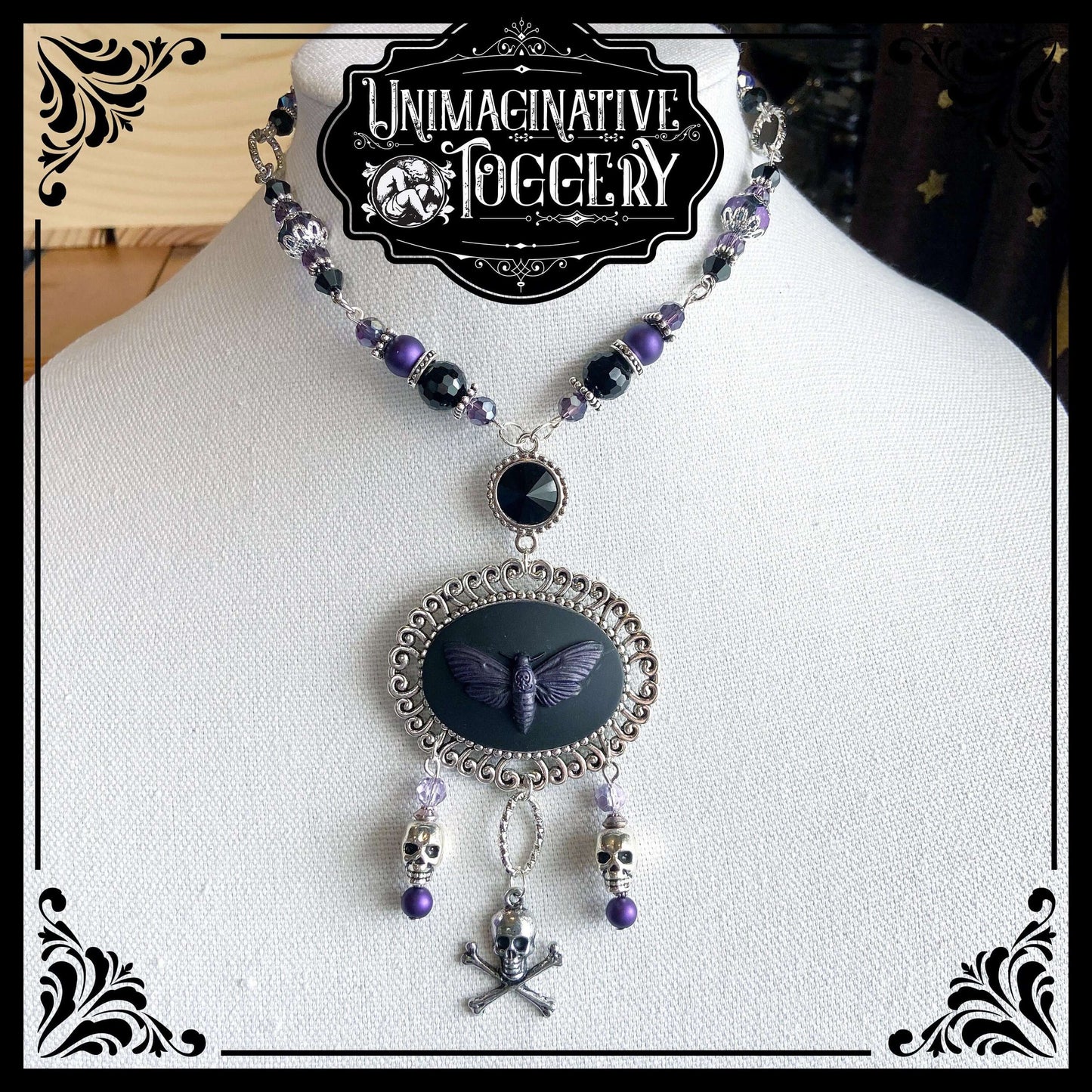 Silver purple black skulls death head moth Swarovski choker necklace - Unimaginative By Charli Siebert