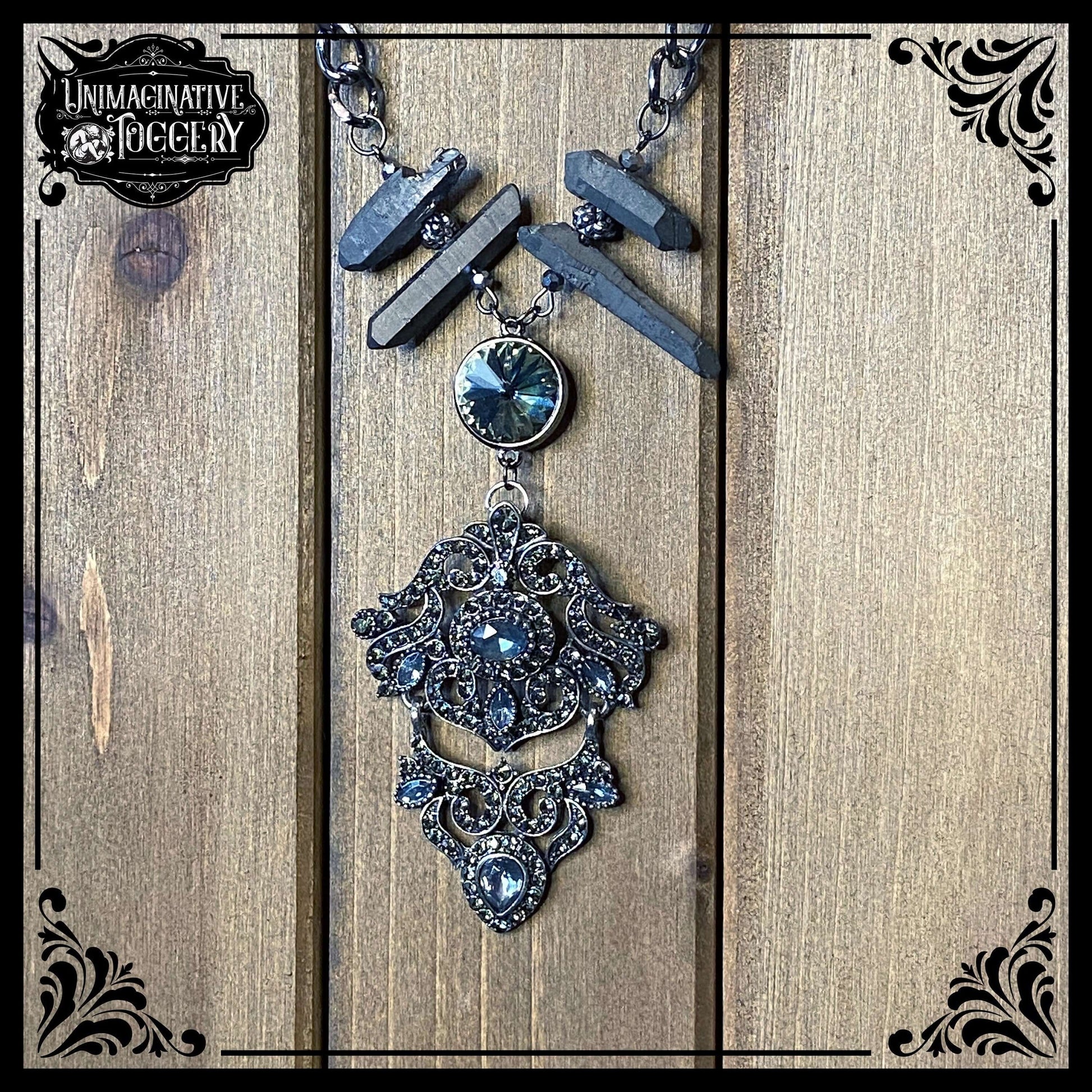 Gunmetal grey ornate rhinestone pendant crystals Swarovski chain necklace - Unimaginative By Charli Siebert